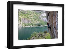 A Female Climber Tackles a Steep Cliff at Loven, Near Aurland, Western Norway, Scandinavia, Europe-David Pickford-Framed Photographic Print