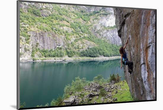 A Female Climber Tackles a Steep Cliff at Loven, Near Aurland, Western Norway, Scandinavia, Europe-David Pickford-Mounted Photographic Print