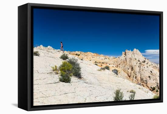 A Female Hiker Walks On Beautiful White Slickrock On Lower Muley Twist Trail In Capitol Reef NP-Ben Herndon-Framed Stretched Canvas