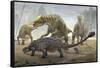 A Female Saurolophus Attempts to Crush a Tarchia Armored Dinosaur-null-Framed Stretched Canvas