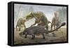 A Female Saurolophus Attempts to Crush a Tarchia Armored Dinosaur-null-Framed Stretched Canvas