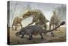 A Female Saurolophus Attempts to Crush a Tarchia Armored Dinosaur-null-Stretched Canvas