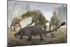 A Female Saurolophus Attempts to Crush a Tarchia Armored Dinosaur-null-Mounted Art Print