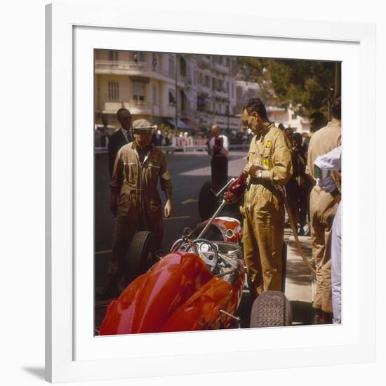 A Ferrari Team Member Filling a Car with Fuel, Monaco Grand Prix, Monte Carlo, 1963-null-Framed Photographic Print