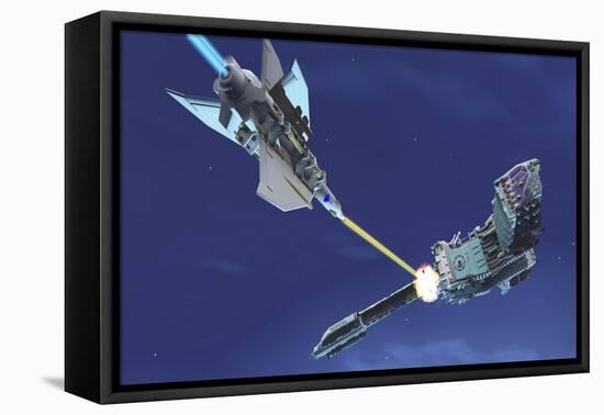 A Fighter Spacecraft Blasts a Large Enemy Battleship with a Laser Beam-Stocktrek Images-Framed Stretched Canvas