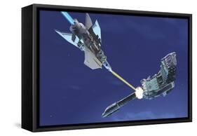 A Fighter Spacecraft Blasts a Large Enemy Battleship with a Laser Beam-Stocktrek Images-Framed Stretched Canvas