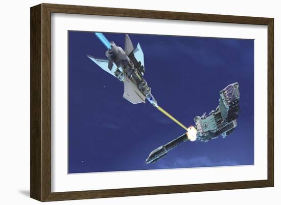 A Fighter Spacecraft Blasts a Large Enemy Battleship with a Laser Beam-Stocktrek Images-Framed Art Print