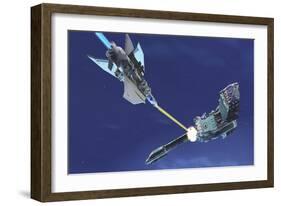 A Fighter Spacecraft Blasts a Large Enemy Battleship with a Laser Beam-Stocktrek Images-Framed Art Print