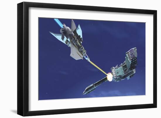 A Fighter Spacecraft Blasts a Large Enemy Battleship with a Laser Beam-Stocktrek Images-Framed Art Print