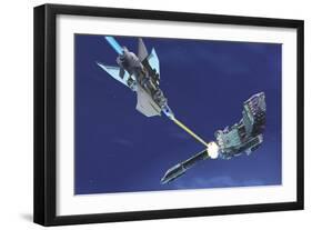 A Fighter Spacecraft Blasts a Large Enemy Battleship with a Laser Beam-Stocktrek Images-Framed Art Print