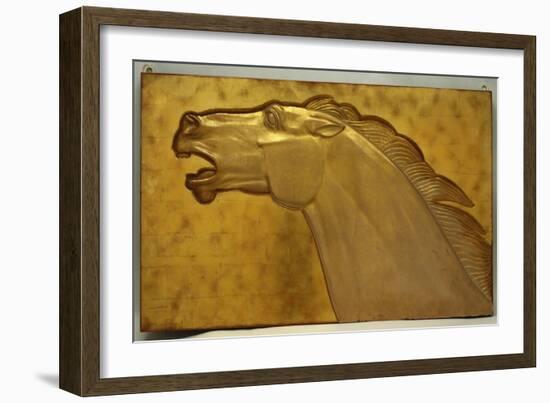 A fine golden lacquered and carved panel deeply carved in intaglio with the head of a stallion-Jean Dunand-Framed Giclee Print