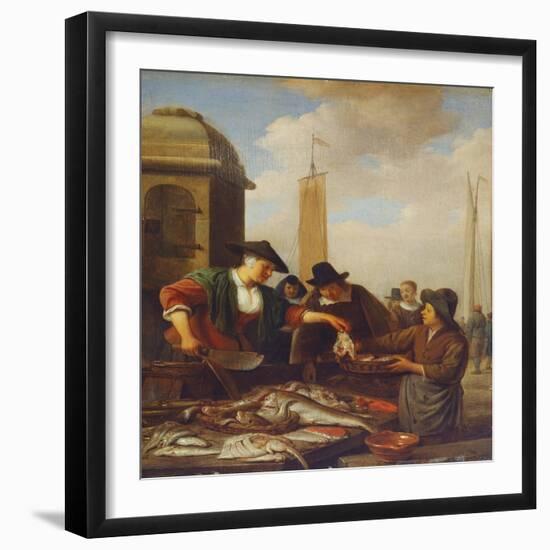 A Fish Stall by A Harbour (Oil on Panel)-Hendrik Martensz Sorgh-Framed Giclee Print
