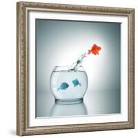 A Fishbowl With A Red Fish Jumping Out Of The Water-magann-Framed Photographic Print