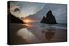 A Fisherman at Cacimba Do Padre with the Two Brothers Rock Formation at Sunset-Alex Saberi-Stretched Canvas