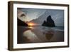 A Fisherman at Cacimba Do Padre with the Two Brothers Rock Formation at Sunset-Alex Saberi-Framed Photographic Print