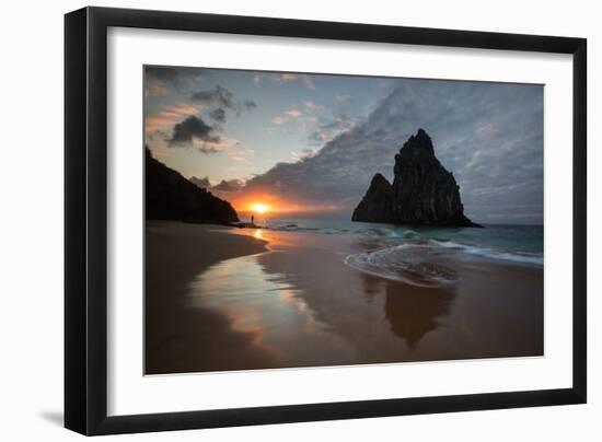 A Fisherman at Cacimba Do Padre with the Two Brothers Rock Formation at Sunset-Alex Saberi-Framed Photographic Print