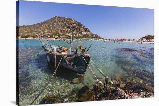 A Fishing Boat in the Turquoise Sea Surrounding the Sandy Beach, Punta Molentis, Villasimius-Roberto Moiola-Stretched Canvas