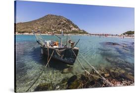 A Fishing Boat in the Turquoise Sea Surrounding the Sandy Beach, Punta Molentis, Villasimius-Roberto Moiola-Stretched Canvas