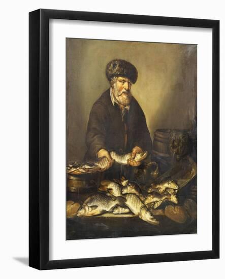 A Fishmonger Holding a Pike, with Bream, Perch and Other Fish on a Ledge-Pieter de Putter-Framed Giclee Print