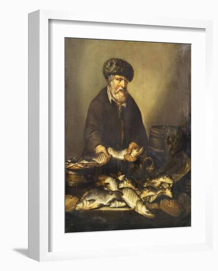 A Fishmonger Holding a Pike, with Bream, Perch and Other Fish on a Ledge-Pieter de Putter-Framed Giclee Print