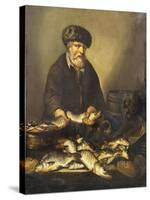 A Fishmonger Holding a Pike, with Bream, Perch and Other Fish on a Ledge-Pieter de Putter-Stretched Canvas