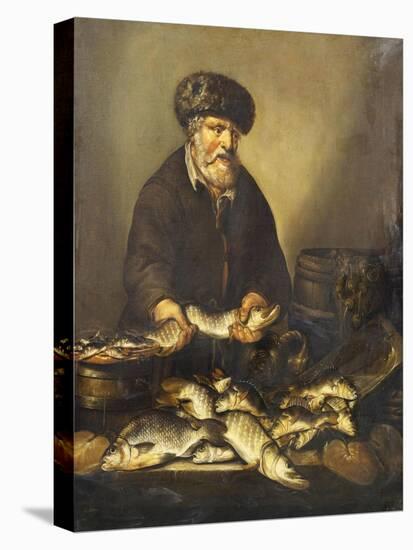 A Fishmonger Holding a Pike, with Bream, Perch and Other Fish on a Ledge-Pieter de Putter-Stretched Canvas