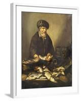 A Fishmonger Holding a Pike, with Bream, Perch and Other Fish on a Ledge-Pieter de Putter-Framed Giclee Print