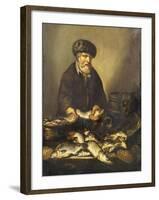 A Fishmonger Holding a Pike, with Bream, Perch and Other Fish on a Ledge-Pieter de Putter-Framed Giclee Print