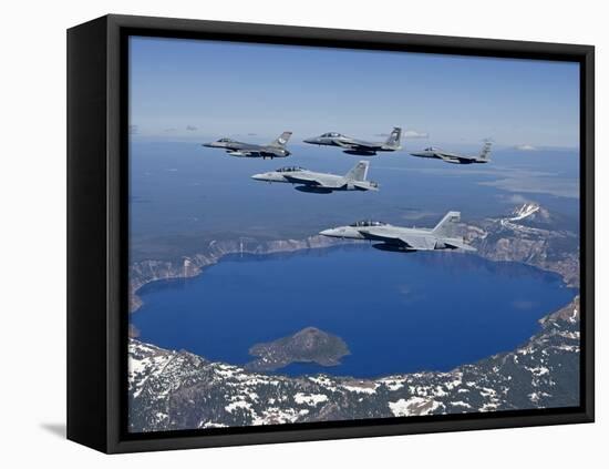 A Five Ship Aircraft Formation Flies Over Crater Lake, Oregon-Stocktrek Images-Framed Stretched Canvas