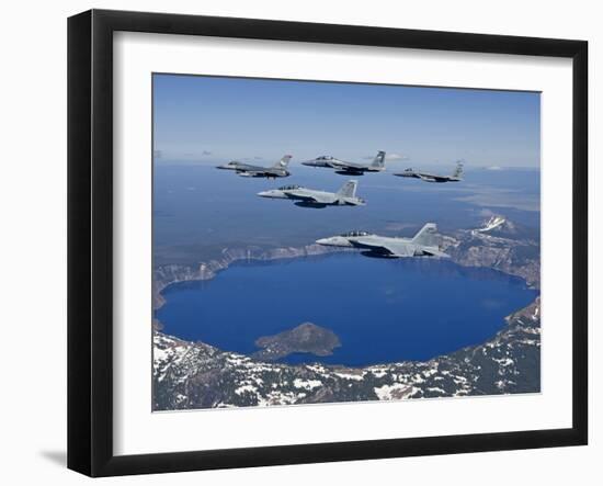 A Five Ship Aircraft Formation Flies Over Crater Lake, Oregon-Stocktrek Images-Framed Photographic Print