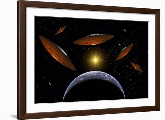 A Fleet of Flying Saucers Arriving at Earth in Preparation of an Attack Against Humanity-null-Framed Art Print