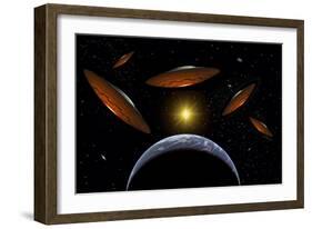 A Fleet of Flying Saucers Arriving at Earth in Preparation of an Attack Against Humanity-null-Framed Premium Giclee Print