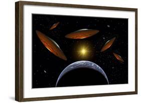 A Fleet of Flying Saucers Arriving at Earth in Preparation of an Attack Against Humanity-null-Framed Art Print