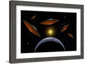 A Fleet of Flying Saucers Arriving at Earth in Preparation of an Attack Against Humanity-null-Framed Art Print