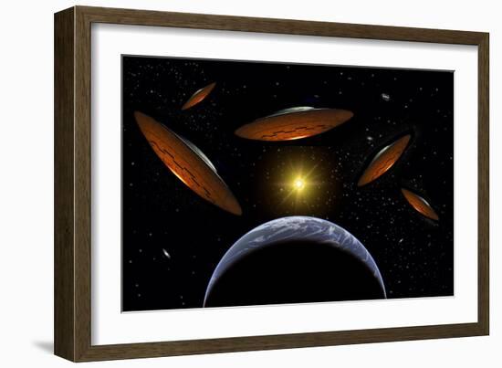 A Fleet of Flying Saucers Arriving at Earth in Preparation of an Attack Against Humanity-null-Framed Art Print