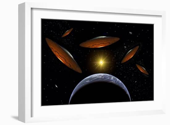 A Fleet of Flying Saucers Arriving at Earth in Preparation of an Attack Against Humanity-null-Framed Art Print