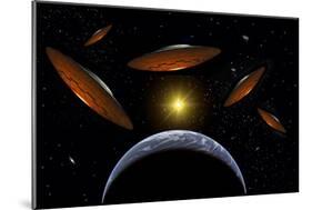 A Fleet of Flying Saucers Arriving at Earth in Preparation of an Attack Against Humanity-null-Mounted Art Print
