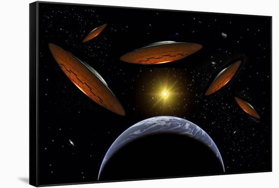 A Fleet of Flying Saucers Arriving at Earth in Preparation of an Attack Against Humanity-null-Framed Stretched Canvas