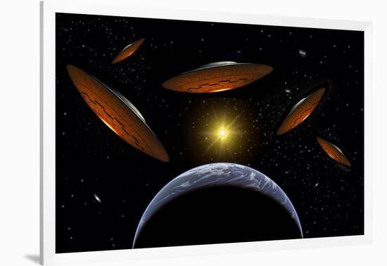 A Fleet of Flying Saucers Arriving at Earth in Preparation of an Attack Against Humanity-null-Framed Art Print