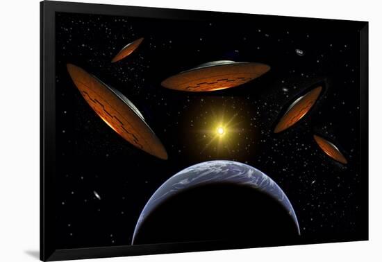 A Fleet of Flying Saucers Arriving at Earth in Preparation of an Attack Against Humanity-null-Framed Art Print