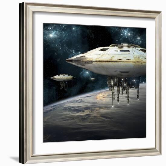 A Fleet of Massive Spaceships Take Position over Earth for a Coming Invasion-Stocktrek Images-Framed Art Print