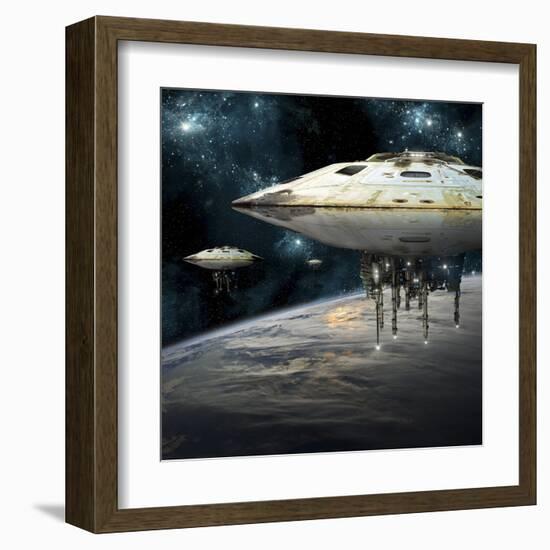 A Fleet of Massive Spaceships Take Position over Earth for a Coming Invasion-Stocktrek Images-Framed Art Print