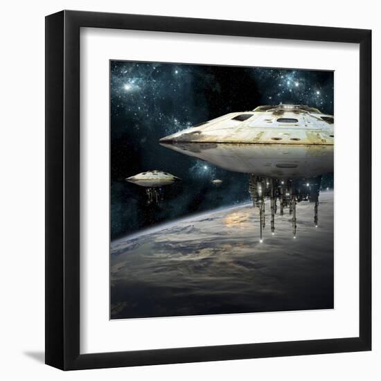 A Fleet of Massive Spaceships Take Position over Earth for a Coming Invasion-Stocktrek Images-Framed Art Print