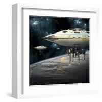 A Fleet of Massive Spaceships Take Position over Earth for a Coming Invasion-Stocktrek Images-Framed Art Print