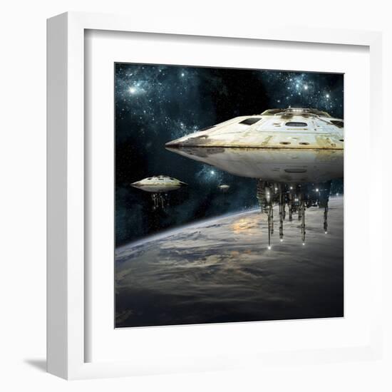 A Fleet of Massive Spaceships Take Position over Earth for a Coming Invasion-Stocktrek Images-Framed Art Print