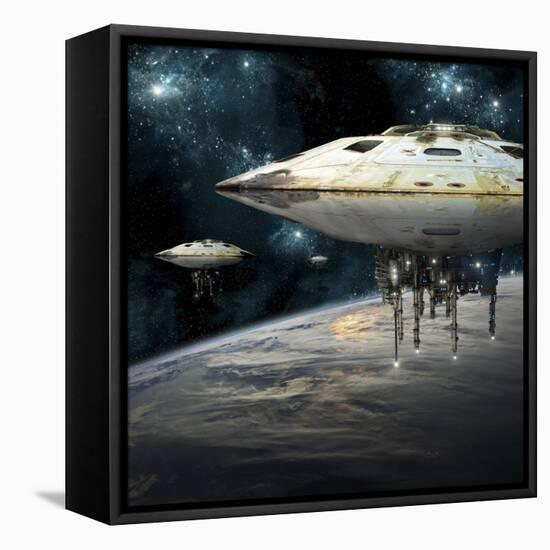 A Fleet of Massive Spaceships Take Position over Earth for a Coming Invasion-Stocktrek Images-Framed Stretched Canvas