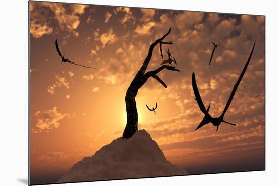 A Flock of Pteranodons Flying on a Cretaceous Night-null-Mounted Art Print