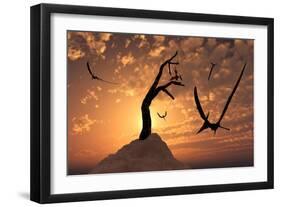 A Flock of Pteranodons Flying on a Cretaceous Night-null-Framed Art Print