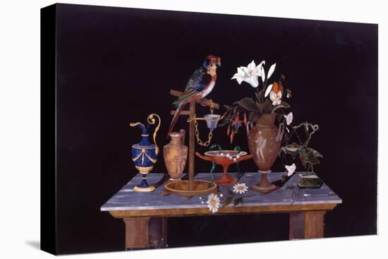 A Florentine Pietra Dura Plaque with a Parrot on its Perch on a Table with an Etruscan Krater Vase-null-Stretched Canvas