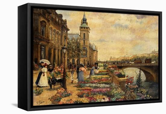 A Flower Market on the Seine-Checa y Sanz Ulpiano-Framed Stretched Canvas